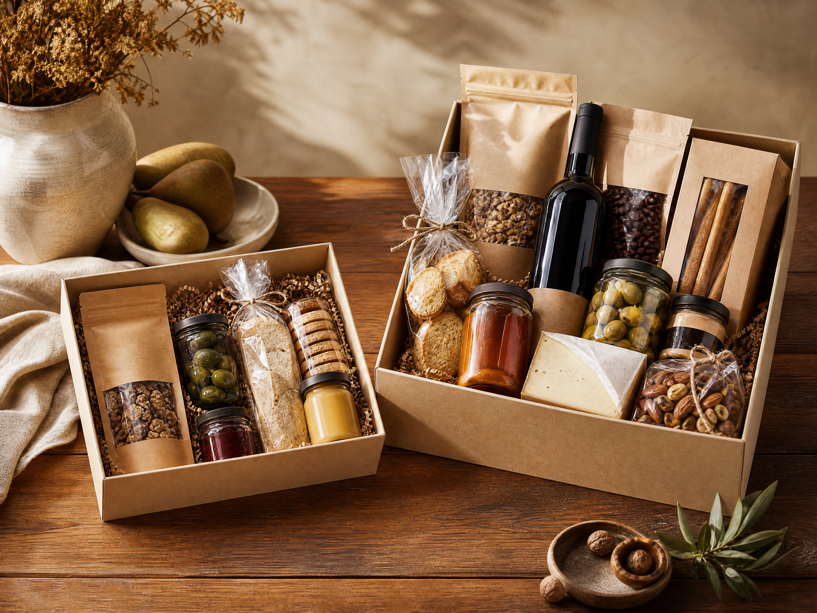 Two membership gift boxes side by side, filled with assorted packaged foods.
