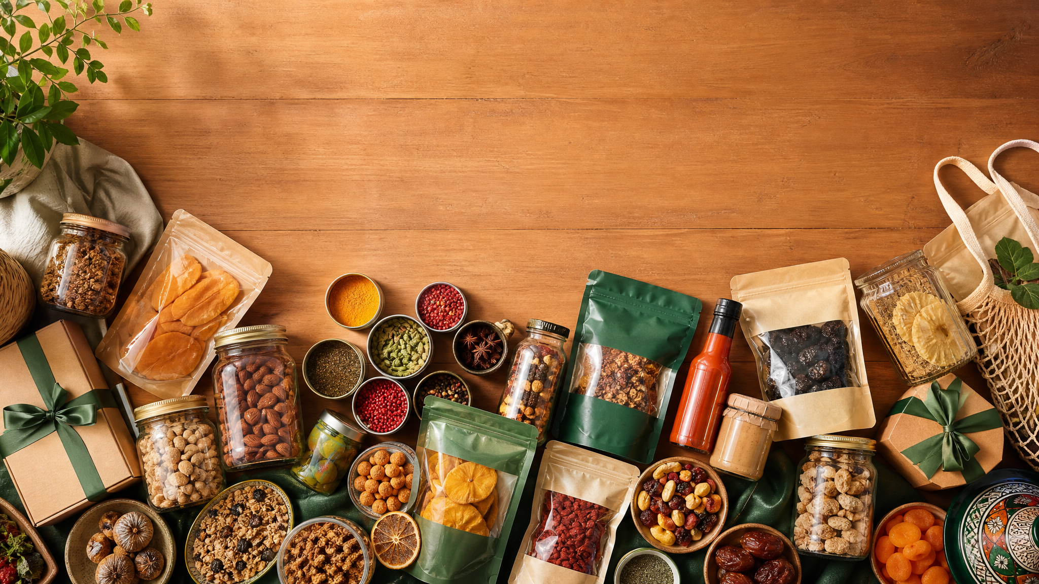 A long warm-lit table covered end to end with shelf-stable packaged foods from around the world.
